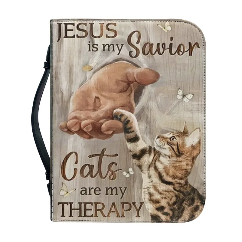 Christianartbag Bible Cover, Jesus Is My Savior Cats Are My Therapy Bible Cover, Personalized Bible Cover, Bible Cover Christ and Cats, Christian Gifts, CAB07151023. - Christian Art Bag