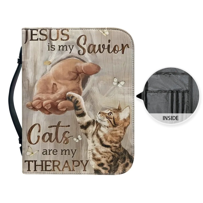Christianartbag Bible Cover, Jesus Is My Savior Cats Are My Therapy Bible Cover, Personalized Bible Cover, Bible Cover Christ and Cats, Christian Gifts, CAB07151023. - Christian Art Bag