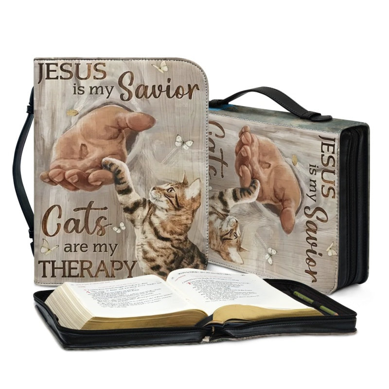 Christianartbag Bible Cover, Jesus Is My Savior Cats Are My Therapy Bible Cover, Personalized Bible Cover, Bible Cover Christ and Cats, Christian Gifts, CAB07151023. - Christian Art Bag
