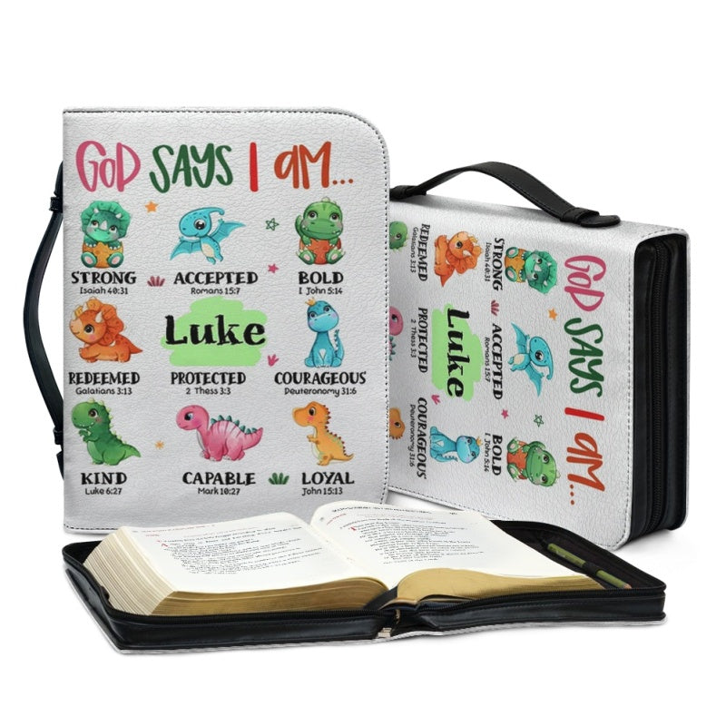 Christianartbag Bible Cover, God Says I Am Bible Cover, Personalized Bible Cover, Cute Dinosaur Bible Cover, Bible Cover For Kids, Christian Gifts, CAB03281123. - Christian Art Bag