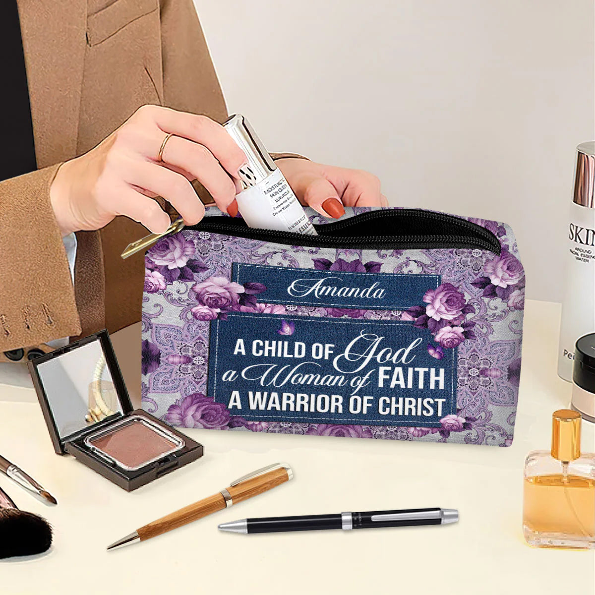 Christianartbag Makeup Cosmetic Bag, A Child Of God, Christmas Gift, Personalized Leather Cosmetic Bag. - Christian Art Bag