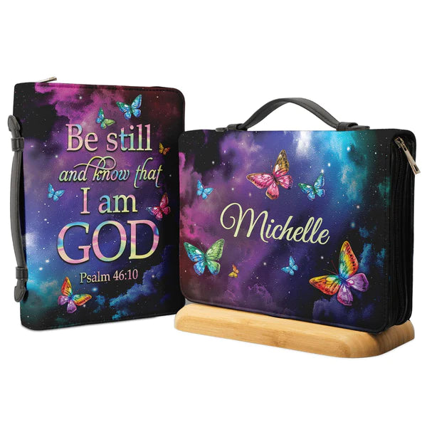 Christianart Bible Cover, Be Still And Know That I Am God Colorful Butterfly Psalm 46 10, Personalized Bible Cover. - Christian Art Bag