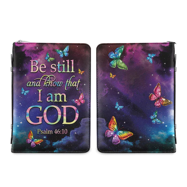 Christianart Bible Cover, Be Still And Know That I Am God Colorful Butterfly Psalm 46 10, Personalized Bible Cover. - Christian Art Bag