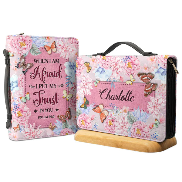 Christianart Bible Cover, When I Am Afraid I Put My Trust In You Psalm 56 3 Butterfly Flower, Personalized Bible Cover. - Christian Art Bag