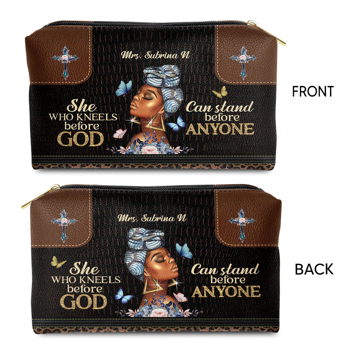 Christianartbag Makeup Cosmetic Bag, She Who Kneels Before God Can Stand Before Anyone, Christmas Gift, Personalized Leather Cosmetic Bag. - Christian Art Bag