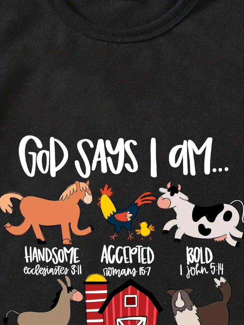 Christianartbag T-shirt, God Says I Am Cute Animals And Letter Print T-Shirt, Children's Printed T-Shirts, CABTK02190923. - Christian Art Bag