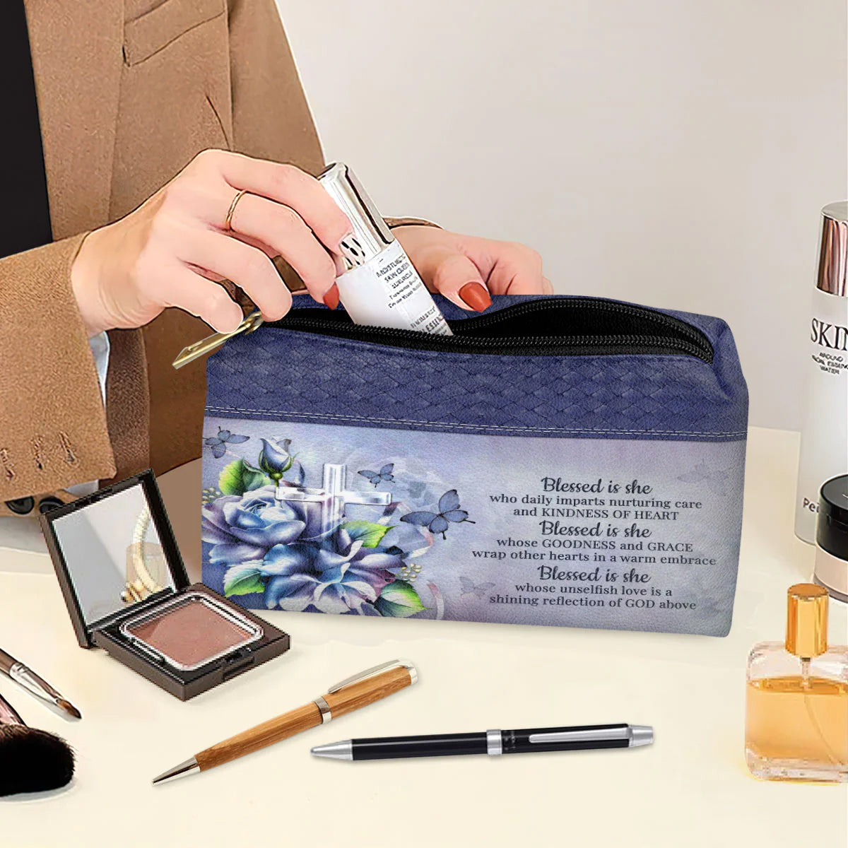 Christianartbag Makeup Cosmetic Bag, Blessed Is She Who Daily Imparts Nurturing Care And Kindness Of Heart, Christmas Gift, Personalized Leather Cosmetic Bag. - Christian Art Bag
