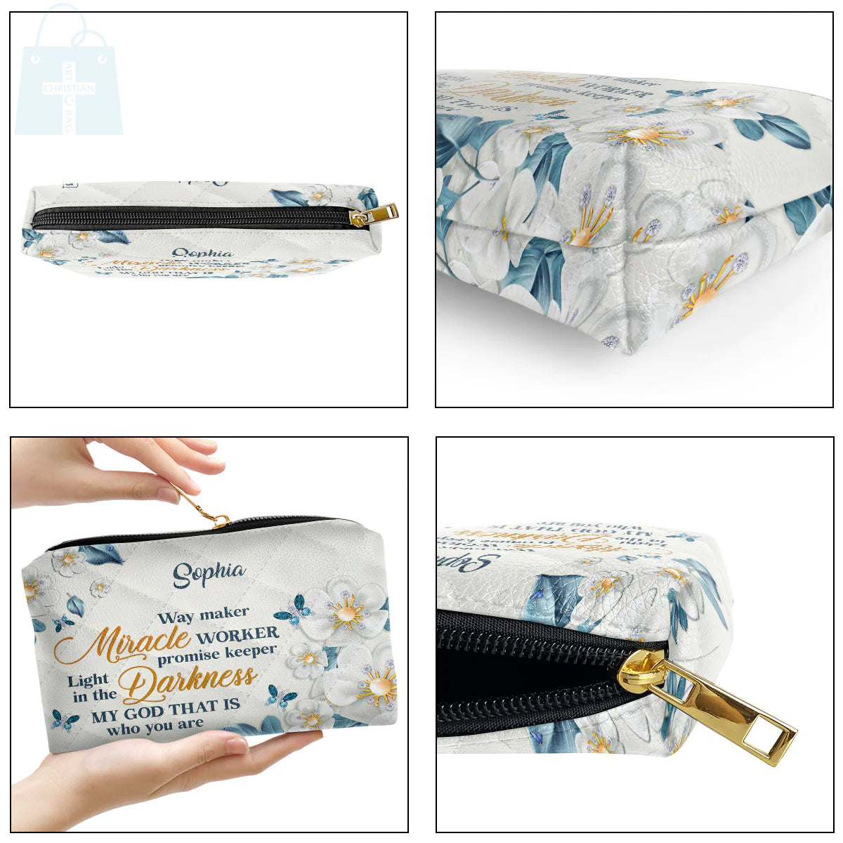 Christianartbag Makeup Cosmetic Bag, Flower & Butterfly | Way Maker And Miracle Worker, Christmas Gift, Personalized Leather Cosmetic Bag. - Christian Art Bag