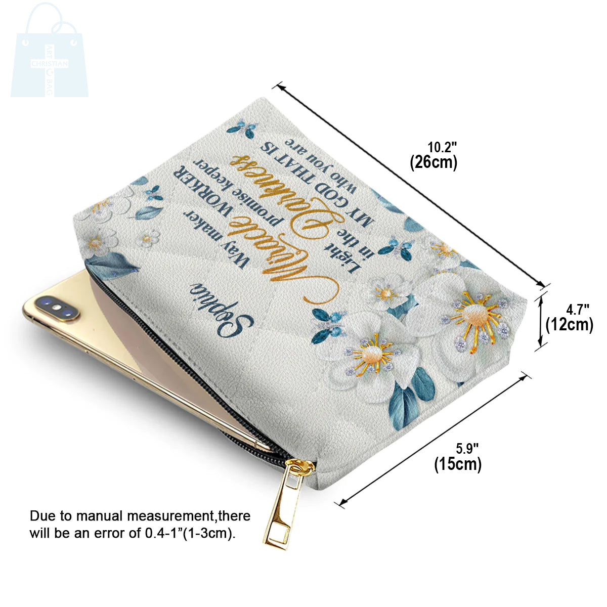 Christianartbag Makeup Cosmetic Bag, Flower & Butterfly | Way Maker And Miracle Worker, Christmas Gift, Personalized Leather Cosmetic Bag. - Christian Art Bag