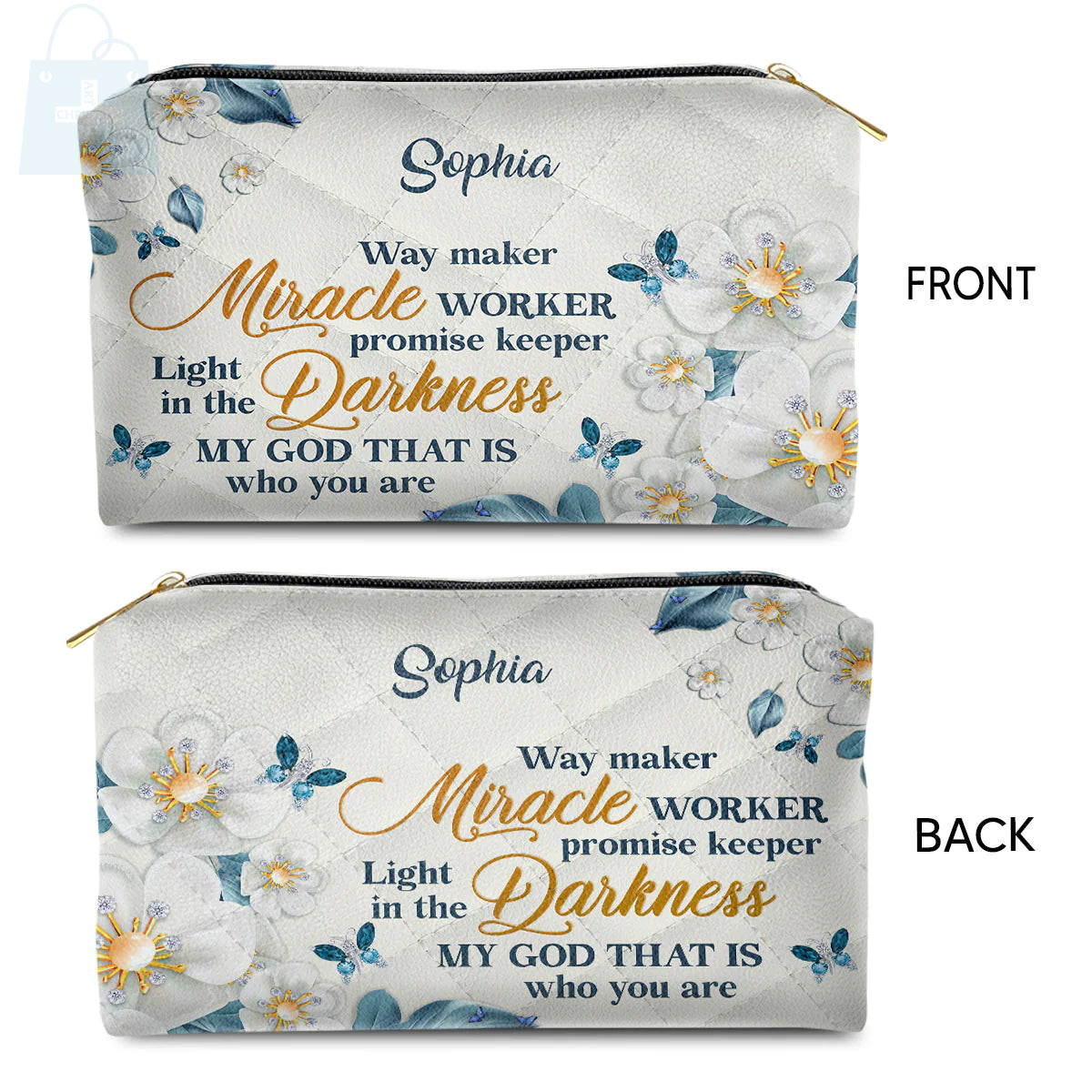 Christianartbag Makeup Cosmetic Bag, Flower & Butterfly | Way Maker And Miracle Worker, Christmas Gift, Personalized Leather Cosmetic Bag. - Christian Art Bag