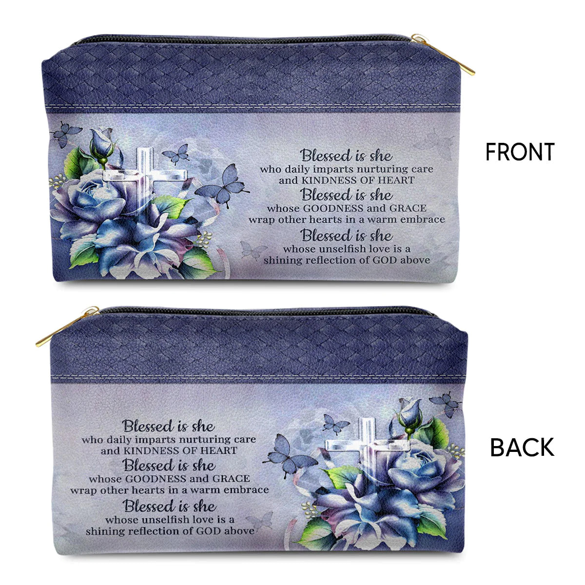 Christianartbag Makeup Cosmetic Bag, Blessed Is She Who Daily Imparts Nurturing Care And Kindness Of Heart, Christmas Gift, Personalized Leather Cosmetic Bag. - Christian Art Bag