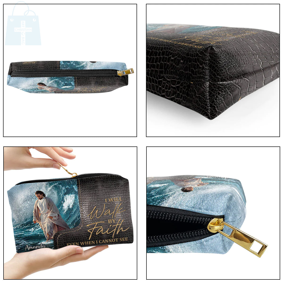 Christianartbag Makeup Cosmetic Bag, I Will Walk By Faith Even When I Cannot See, Christmas Gift, Personalized Leather Cosmetic Bag. - Christian Art Bag