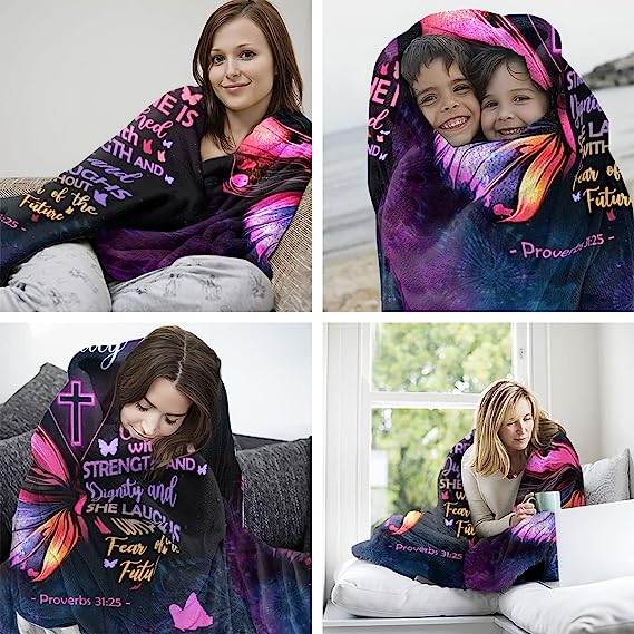Christianart Blanket, She Is Clothed With Strength, Christian Blanket, Bible Verse Blanket, Personalized Blanket, Christmas Gift. - Christian Art Bag