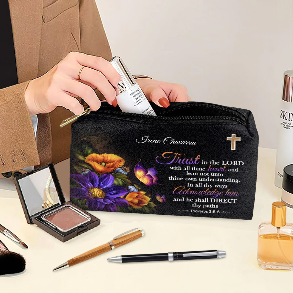 Christianartbag Makeup Cosmetic Bag, Trust In The Lord With All Thine Heart, Christmas Gift, Personalized Leather Cosmetic Bag. - Christian Art Bag