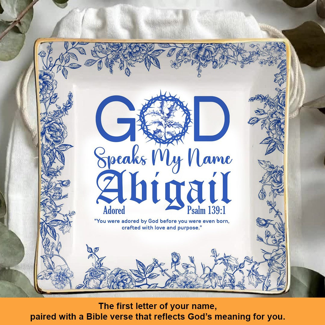 Personalized Jewelry Dish – Birth Month Flower & God Speaks My Name with Bible Verse Gift