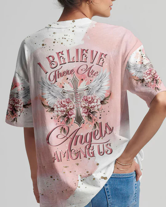 Christianartbag 3D T-Shirt For Women, I Believe There Are Angels Among Us Floral Wings Women's All Over Print Shirt, Christian Shirt, Faithful Fashion, 3D Printed Shirts for Christian Women - Christian Art Bag