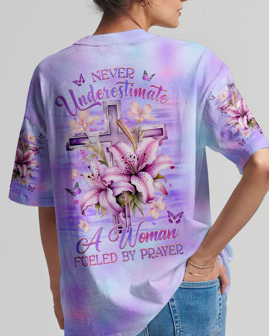 Christianartbag 3D T-Shirt For Women, Never Underestimate A Woman Fueled By Prayer Women's All Over Print Shirt, Christian Shirt, Faithful Fashion, 3D Printed Shirts for Christian Women - Christian Art Bag