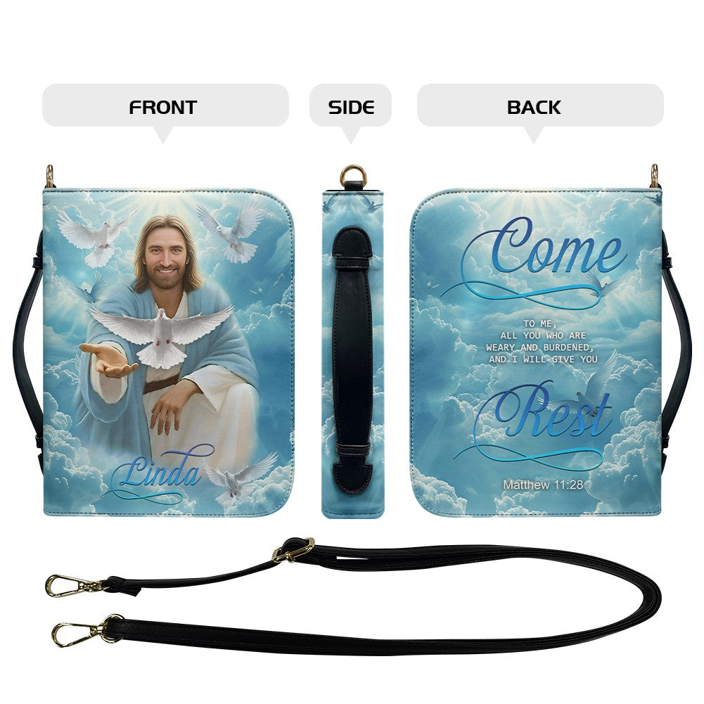 Personalized Bible Cover – Come to me, all who are weary, and I will give you rest, Matthew 11 28 | Christian Gift for Men & Women | Custom Name Option | CHRISTIANARTBAG