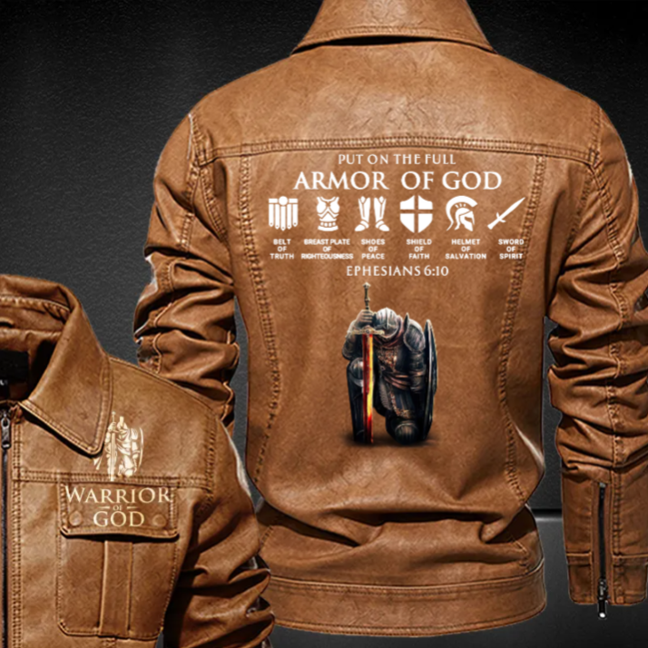 Christianartbag Leather Jacket, Warrior Of God Personalized Leather Jacket, Warm Jacket, Winter Outer Wear Personalized Leather Jacket, Warm Jacket, Winter Outer Wear, Gift for Him, CABJKL04061123. - Christian Art Bag