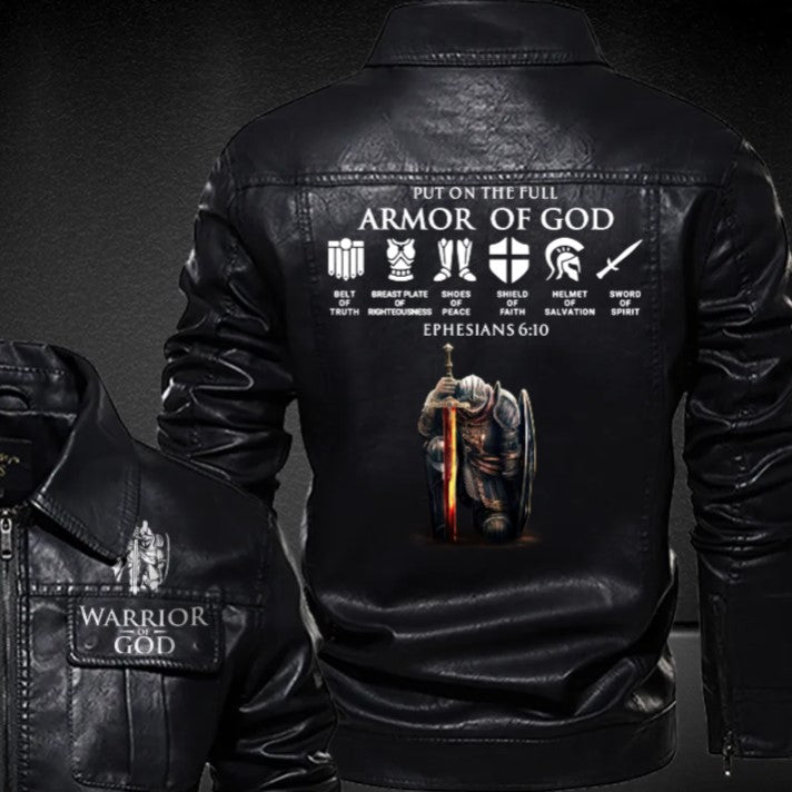 Christianartbag Leather Jacket, Warrior Of God Personalized Leather Jacket, Warm Jacket, Winter Outer Wear Personalized Leather Jacket, Warm Jacket, Winter Outer Wear, Gift for Him, CABJKL04061123. - Christian Art Bag