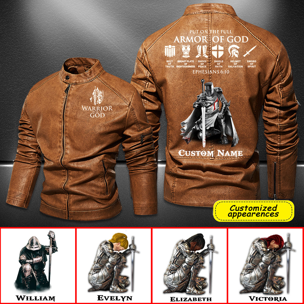 Christianartbag Leather Jacket, Warrior Of God Personalized Leather Jacket, Warm Jacket, Winter Outer Wear Personalized Leather Jacket, Warm Jacket, Winter Outer Wear, Gift for Him, CABJKL04061123. - Christian Art Bag