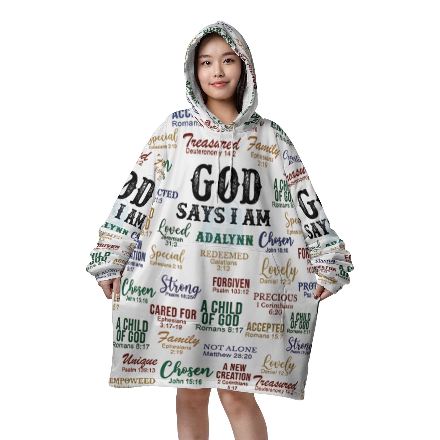 Christianartbag Hoodie Blanket, GOD Says I Am Personalized Hoodie Blanket, Flannel Fleece Hooded Blanket with Pocket, CABHB01071023. - Christian Art Bag