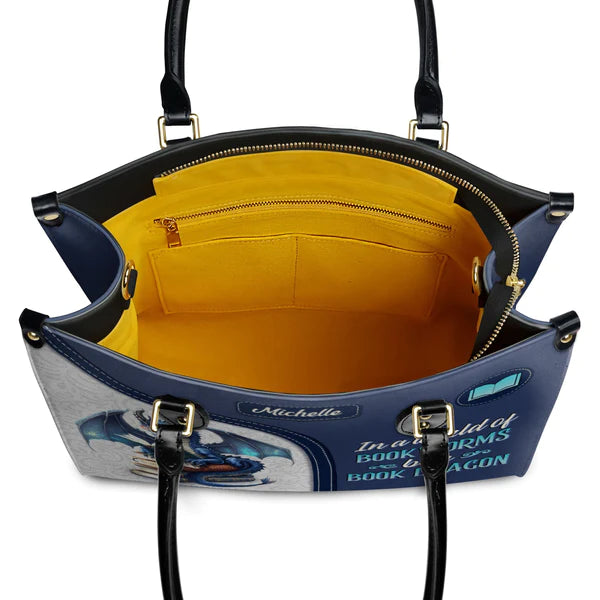 Christianartbag Handbags, In A World Of Bookworms Be A Book Dragon, Handbag Design, Monogram Leather Handbag, Gifts for Women, CABLTB04271223. - Christian Art Bag