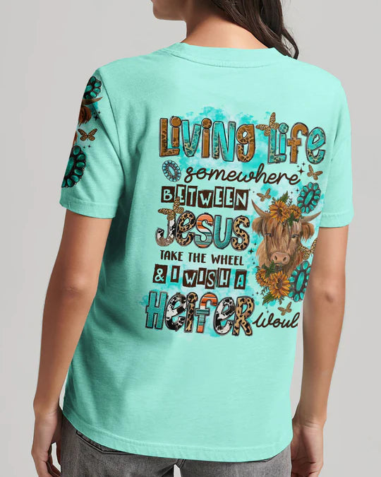 Christianartbag 3D T-Shirt For Women, Living Life Somewhere Between Jesus Cow Women's All Over Print, Christian Shirt, Faithful Fashion, 3D Printed Shirts for Christian Women, CABWTS01200923. - Christian Art Bag
