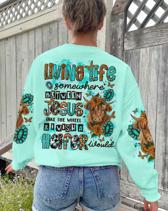 Christianartbag 3D T-Shirt For Women, Living Life Somewhere Between Jesus Cow Women's All Over Print, Christian Shirt, Faithful Fashion, 3D Printed Shirts for Christian Women, CABWTS01200923. - Christian Art Bag