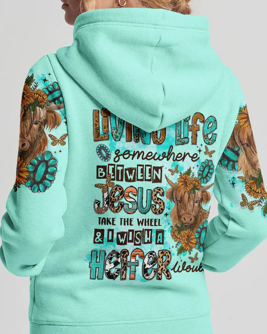 Christianartbag 3D T-Shirt For Women, Living Life Somewhere Between Jesus Cow Women's All Over Print, Christian Shirt, Faithful Fashion, 3D Printed Shirts for Christian Women, CABWTS01200923. - Christian Art Bag