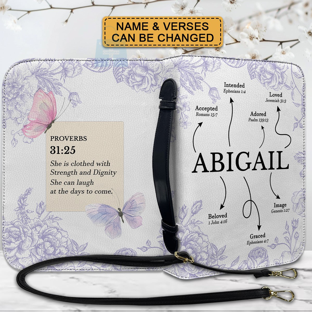 CHRISTIANARTBAG Bible Cover - Uncover the sacred meaning of your name - She is Clothed With Strength and Dignity - Personalized Bible Cover, CABBBCV01051525.
