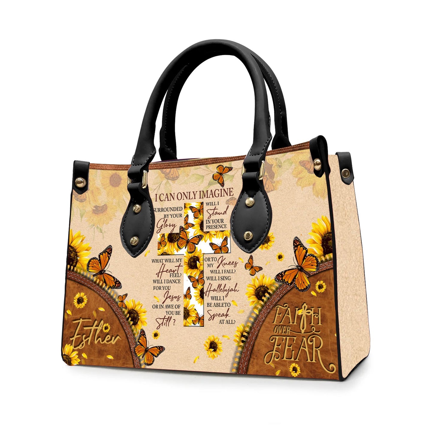 Christianartbag Handbags, I Can Only Imagine Leather Handbag, Butterfly Sunflower Cross Leather Handbag, Gifts for Women, CABLTB02311023. - Christian Art Bag