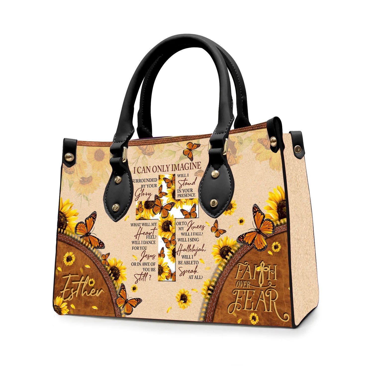 Christianartbag Handbags, I Can Only Imagine Leather Handbag, Butterfly Sunflower Cross Leather Handbag, Gifts for Women, CABLTB02311023. - Christian Art Bag