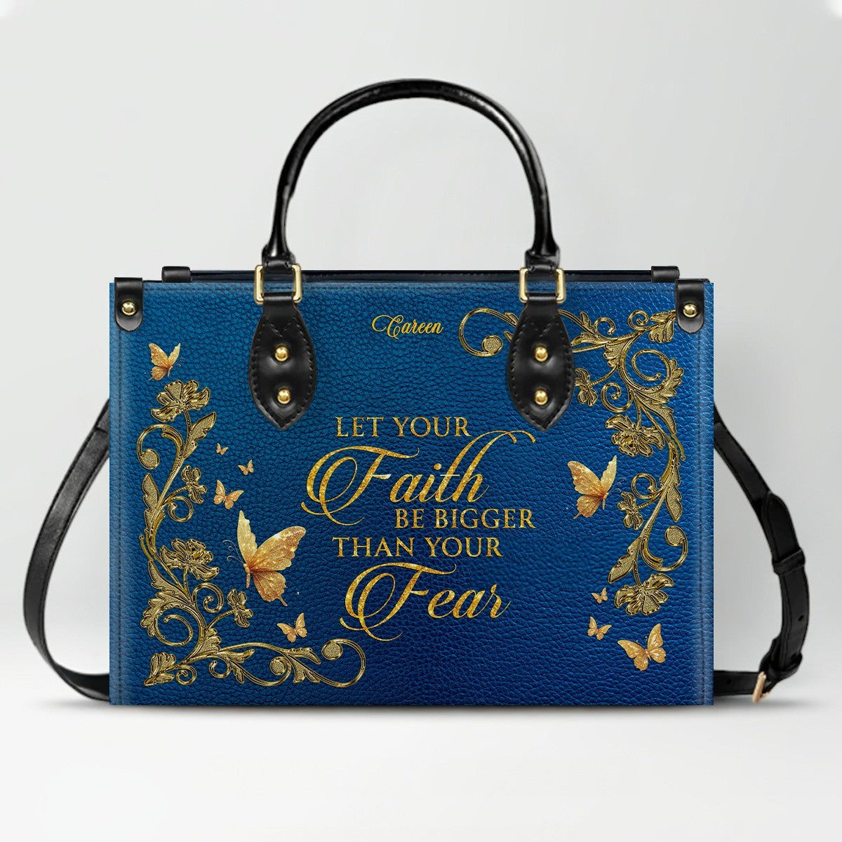 Personalized Christian Leather Handbag – Gold Navy Bible Verse Tote for Women | CHRISTIANARTBAG CAB0241426