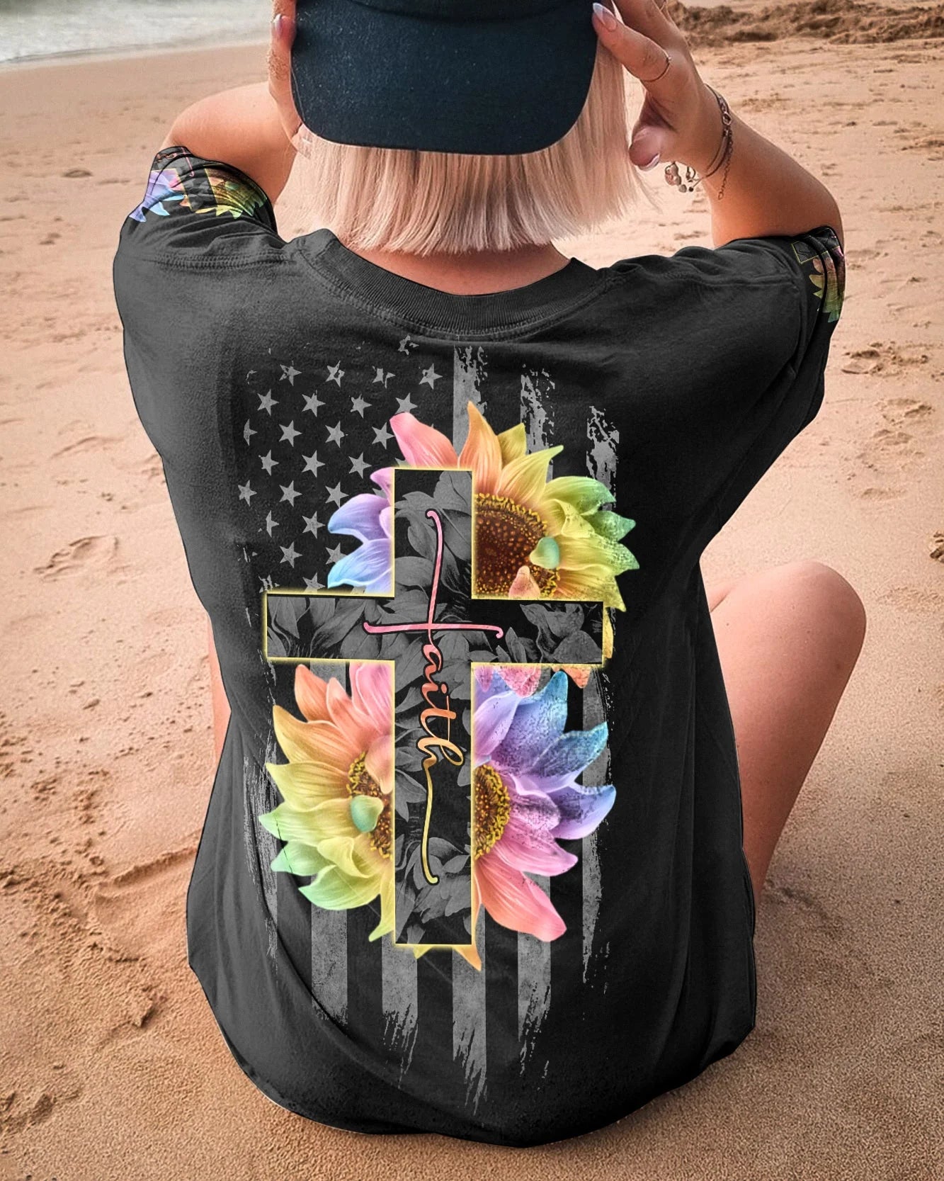 Christianartbag 3D T-Shirt For Women, Faith Rainbow Sunflower Cross Flag, Christian Shirt, Faithful Fashion, 3D Printed Shirts for Christian Women - Christian Art Bag
