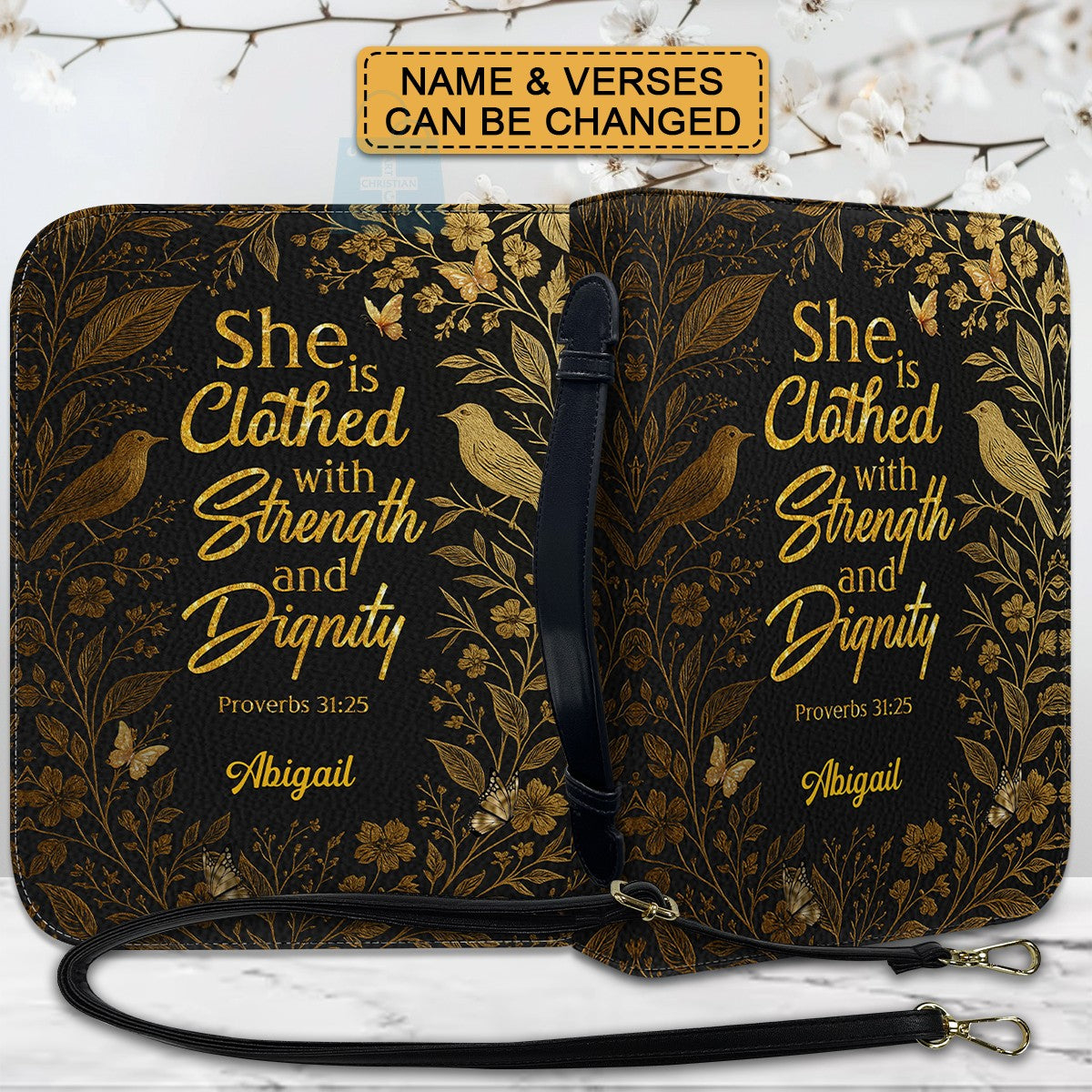 Elegant Floral Personalized Bible Cover for Women – Proverbs 31:25 Scripture Gift – Custom Name – CHRISTIANARTBAG