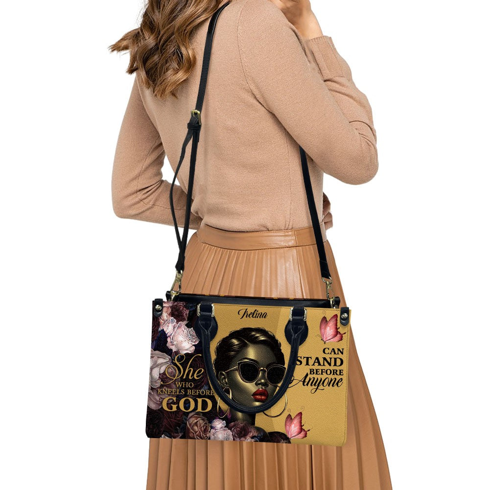 She Who Kneels Before GOD Can Stand Before Anyone, Personalized 'Irelina' Empowerment Leather Handbag - Stand Boldly | CHRISTIANARTBAG Custom Tote