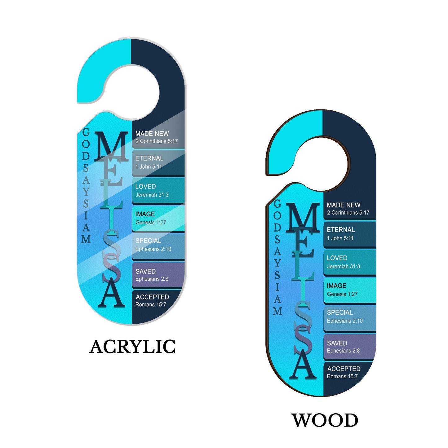 Personalized Christian Door Knob Hanger – God Says I Am Door Knob Sign – Personalized Name with Verses – Premium Acrylic or Wood | CHRISTIANARTBAG