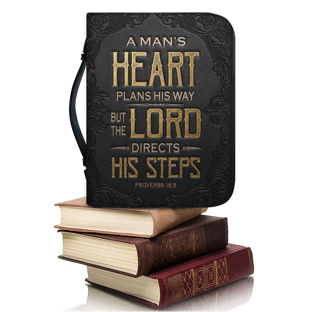 Personalized Bible Cover for Men - Proverbs 16:9 Custom Name Leather Bible Case with Handle | CHRISTIANARTBAG