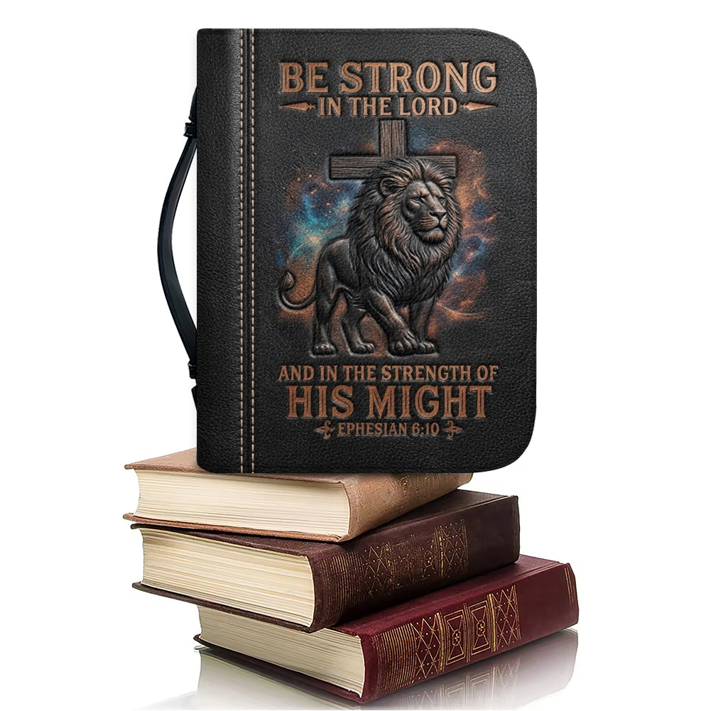 Personalized Leather Bible Cover with Handle - Lion & Cross Be Strong in the Lord Ephesians 6:10 - Custom Name & Color - CHRISTIANARTBAG