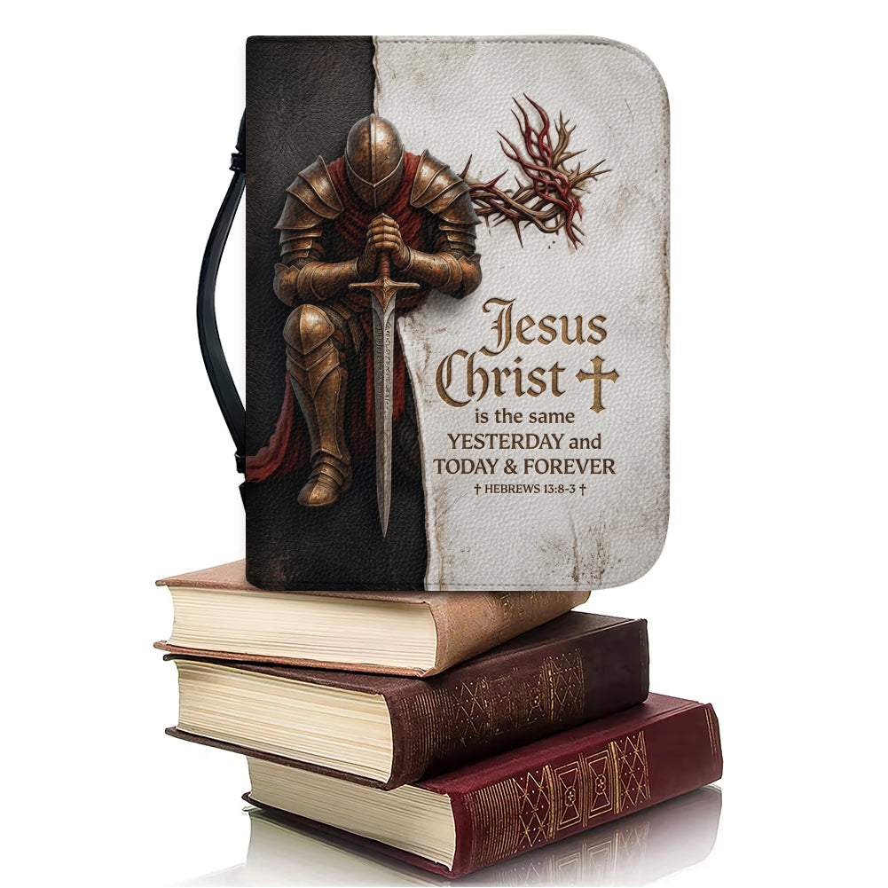 Personalized Bible Cover for Men - Kneeling Knight & Sword Hebrews 13:8 - Custom Name Leather Bible Case with Handle by CHRISTIANARTBAG