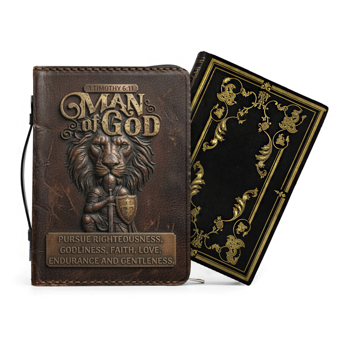 Personalized Bible Cover for Men - Man of God 1 Timothy 6:11 Lion Warrior Custom Leather Carrying Case with Handle & Strap - CHRISTIANARTBAG