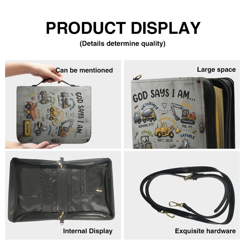 Personalized God Says I Am Kids Bible Cover | Custom Name Boy Bible Case, Premium Vegan Leather, Construction Truck Christian Gift CAB0171926
