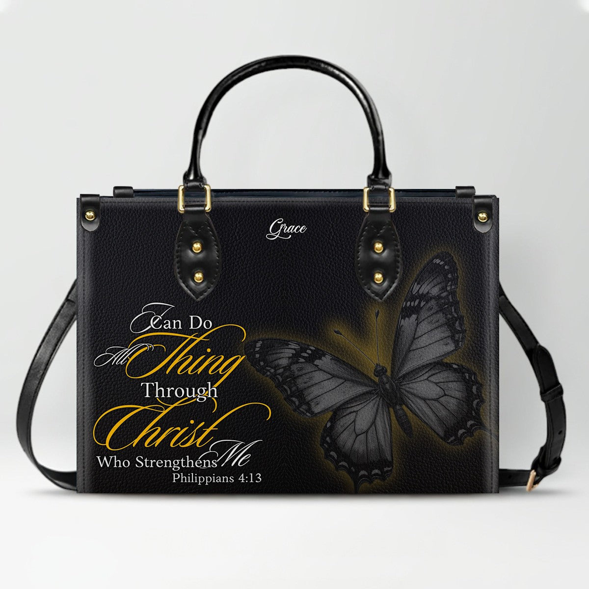 CHRISTIANARTBAG Personalized Leather Handbag - Custom Name & Bible Verse Butterfly Tote - Faith-Inspired Gift for Women CAB02020326