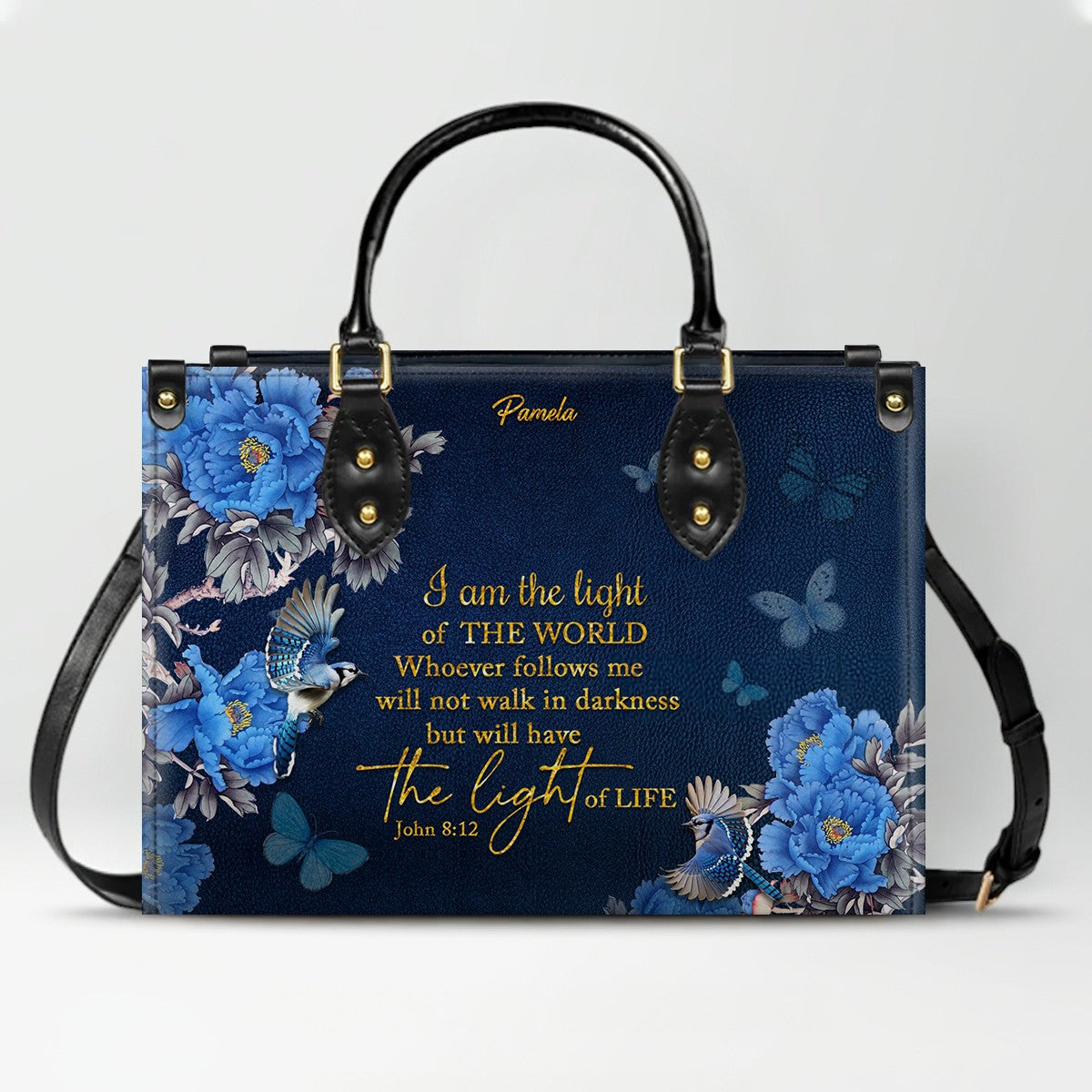Personalized Christian Leather Handbag – Gold Navy Bible Verse Tote for Women | CHRISTIANARTBAG CAB01122325