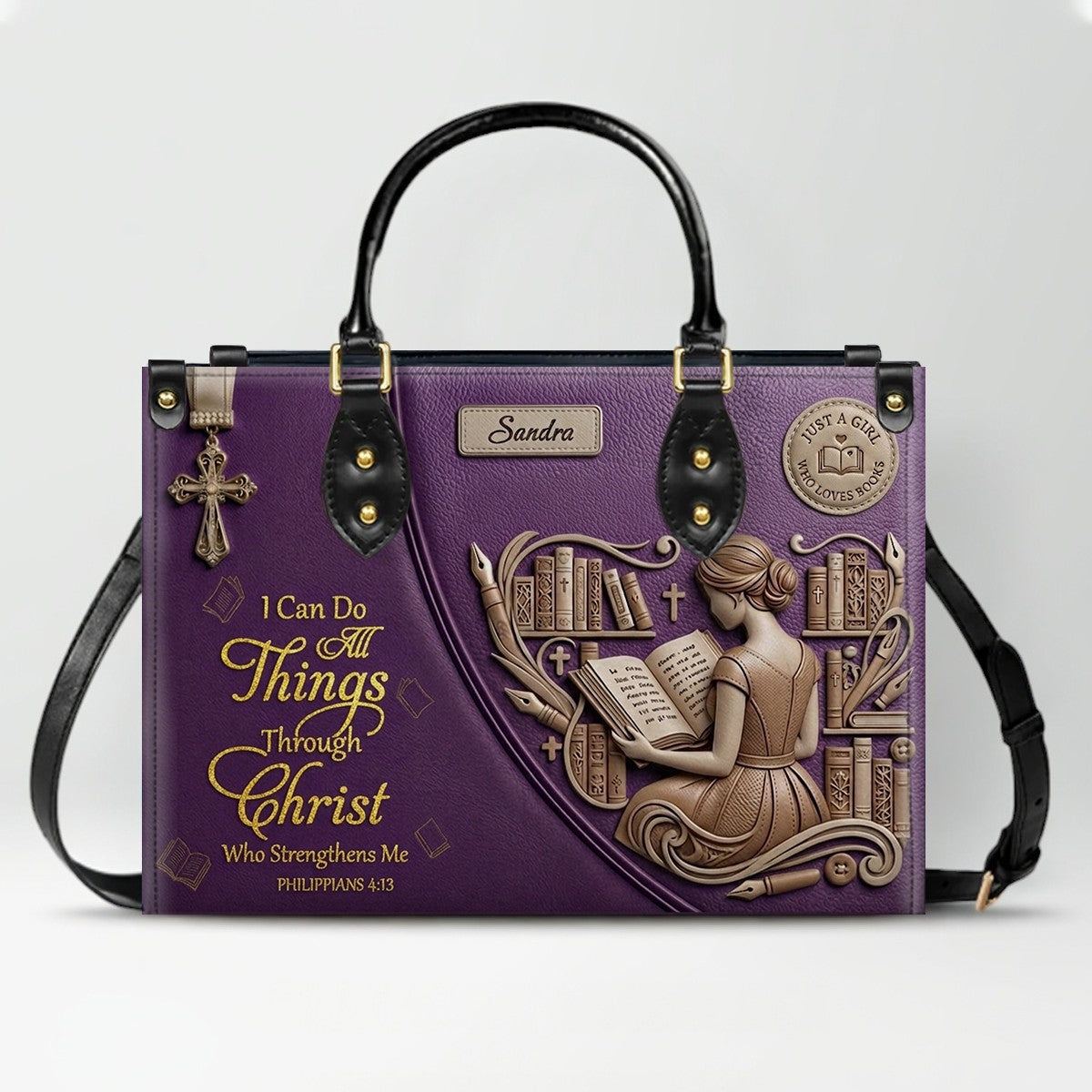 Personalized Leather Handbag | Girl Loves Books - I Can Do All Things Through Christ | CHRISTIANARTBAG CAB0171826