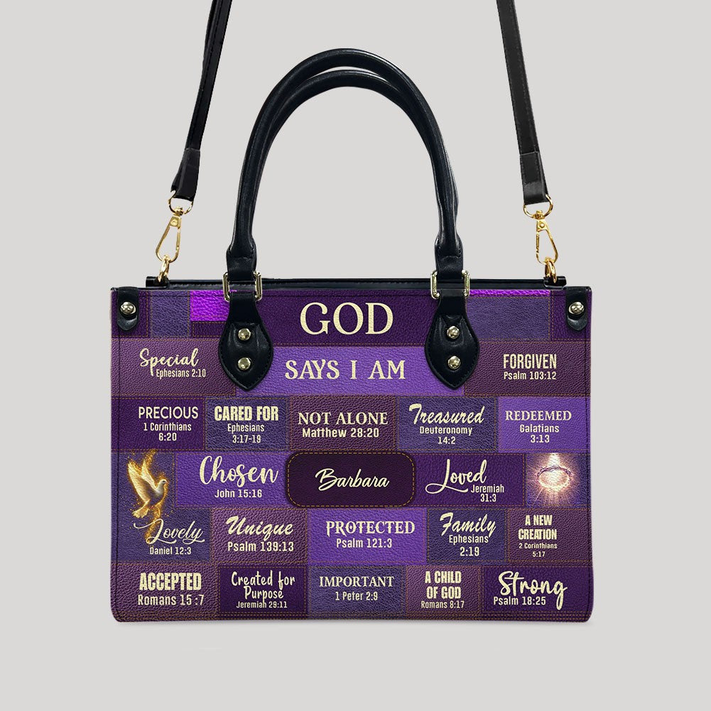 Personalized Christian Handbag – “God Says I Am” Scripture Tote Bag with Name Customization – Inspirational Bible Verse Purse for Women