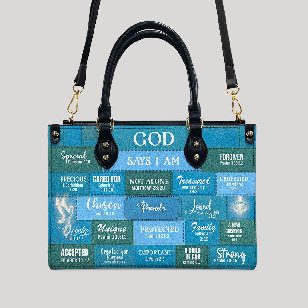 Personalized Christian Handbag – “God Says I Am” Scripture Tote Bag with Name Customization – Inspirational Bible Verse Purse for Women