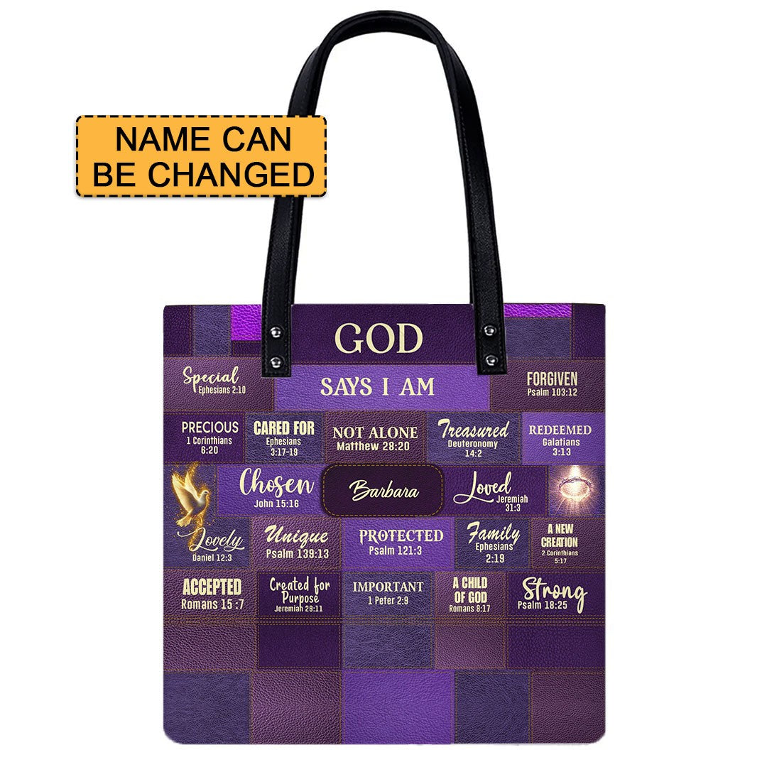 Personalized Christian Handbag – “God Says I Am” Scripture Tote Bag with Name Customization – Inspirational Bible Verse Purse for Women