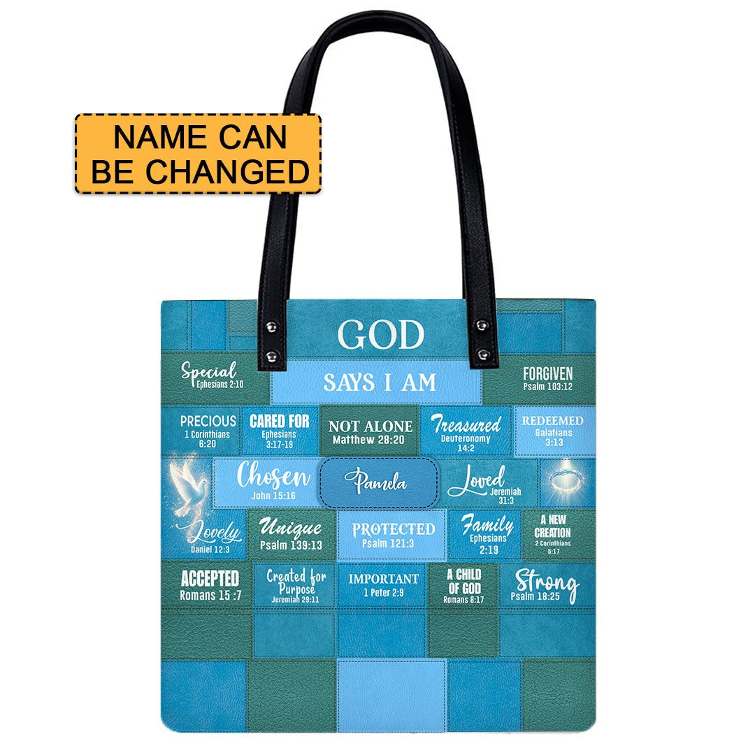 Personalized Christian Handbag – “God Says I Am” Scripture Tote Bag with Name Customization – Inspirational Bible Verse Purse for Women